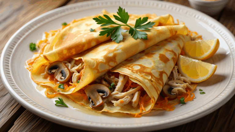 Panqueques con pollo, hongos y queso / Блины с курицей грибами и сыром