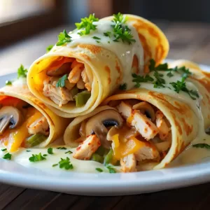 Блины с курицей грибами и сыром