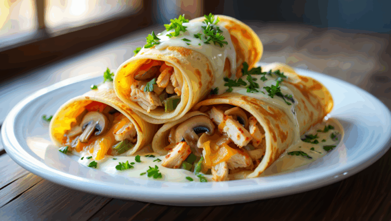 Panqueques con pollo, hongos y queso / Блины с курицей грибами и сыром